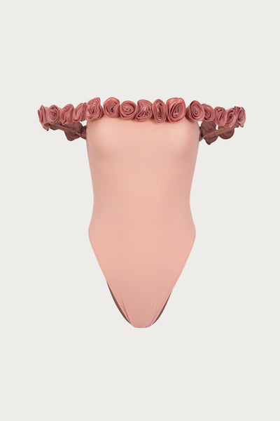 Rosette Off Shoulder One Piece (Faux Suede Blush/Blush) - Celestial Couture