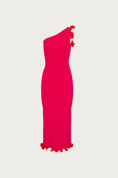 Ruffle Hem One Shoulder Dress (Hot Pink/Orange) - Celestial Couture