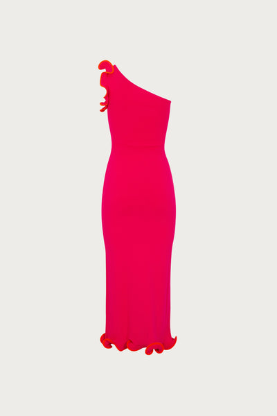 Ruffle Hem One Shoulder Dress (Hot Pink/Orange) - Celestial Couture