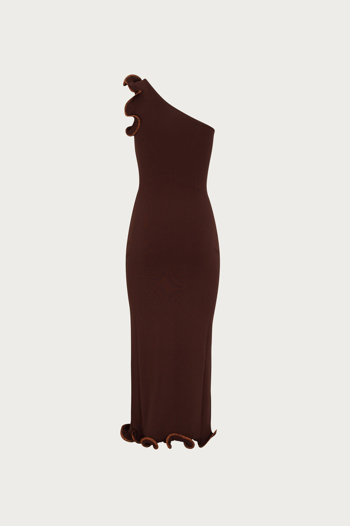 Ruffle Hem One Shoulder Dress (Chocolate Brown/Brown Lurex) - Celestia Couture