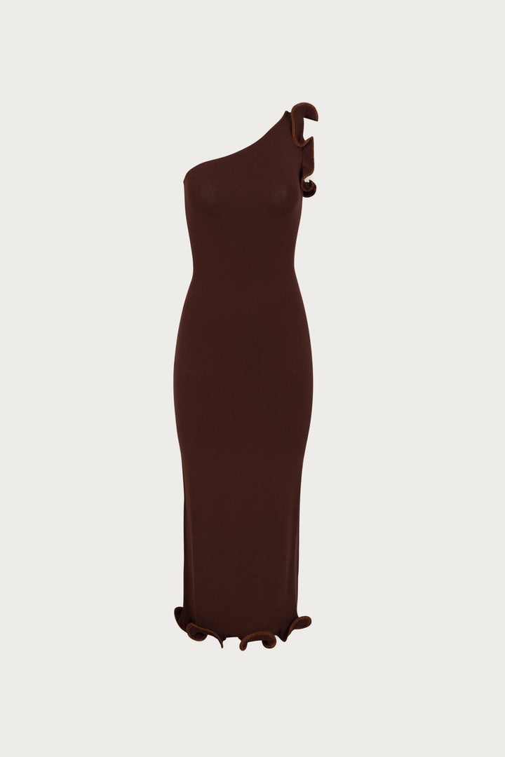 Ruffle Hem One Shoulder Dress (Chocolate Brown/Brown Lurex) - Celestia Couture