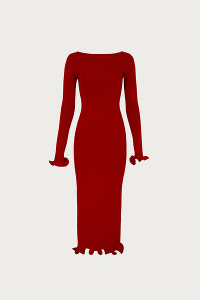 Ruffle Hem Midi Dress (Red) - Celestial Couture