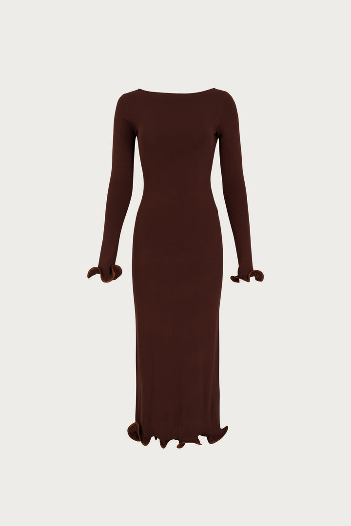 Ruffle Hem Midi Dress (Chocolate Brown/Brown Lurex) - Celestia Couture