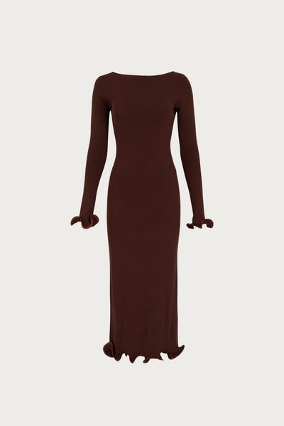 Ruffle Hem Midi Dress (Chocolate Brown/Brown Lurex) - Celestial Couture