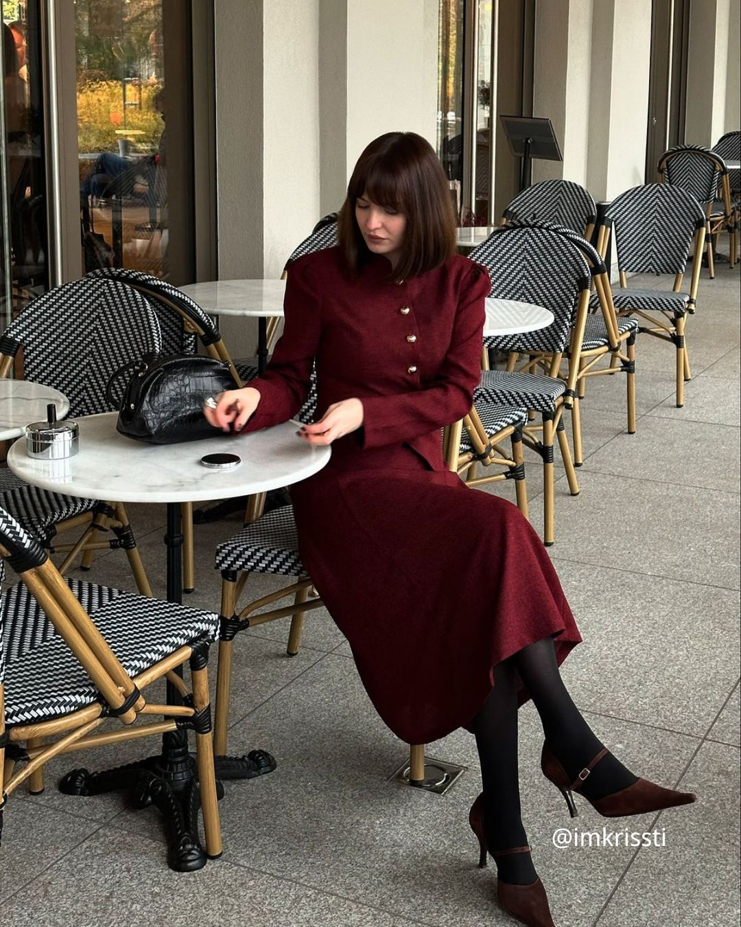 Burgundy Retro Single-breasted Tweed Jacket - Celestia Couture