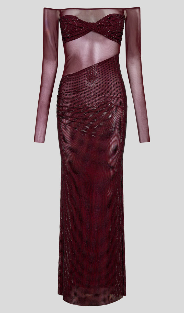 Diamante Off Shoulder Maxi Dress - Red - Celestia Couture
