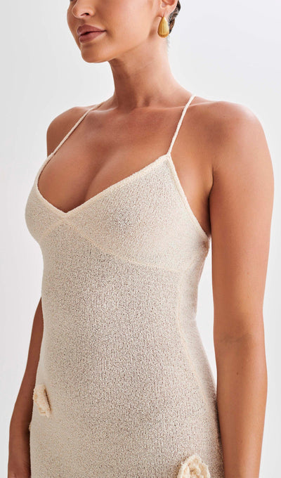Knit Maxi Dress With Flowers-Off White