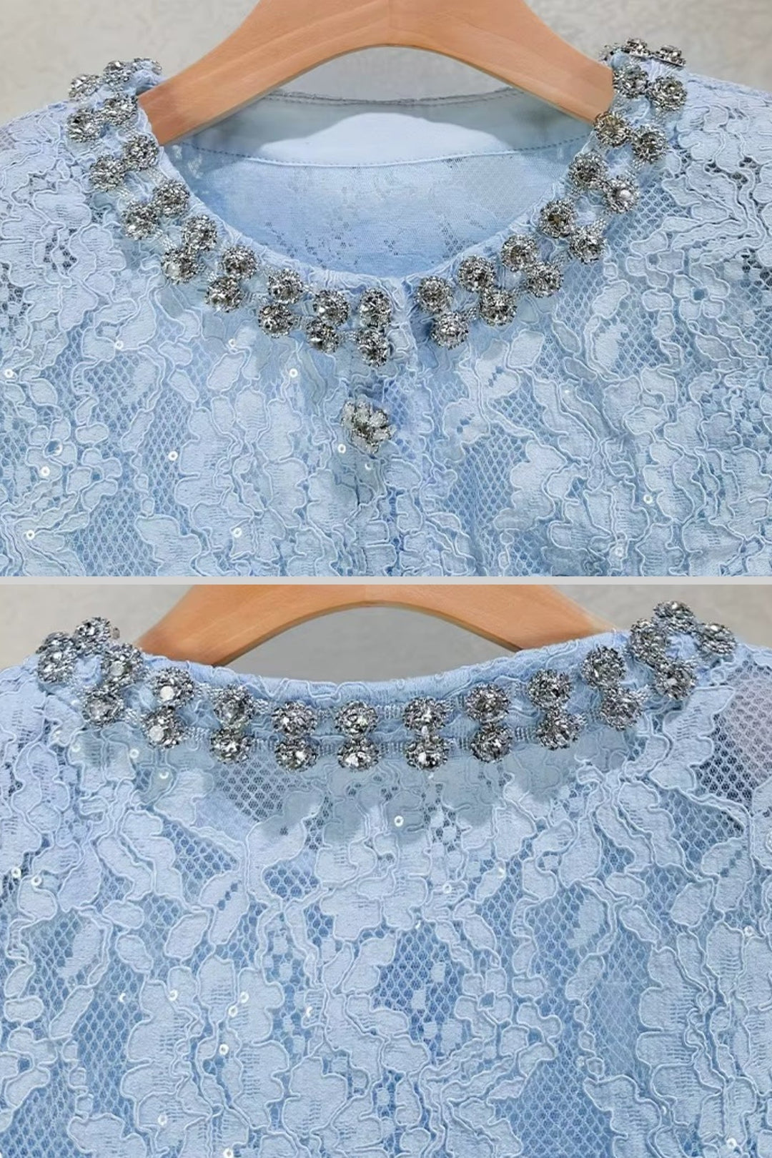 Lace Co-Ord With Sparkling Neckline Embellishments And Midi Skirt - Blue