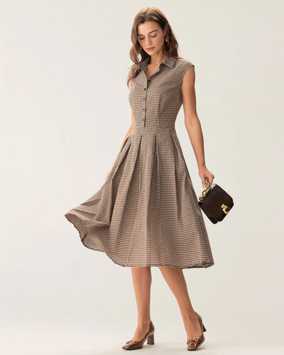 Brown Plaid Button Pleated Midi Dress