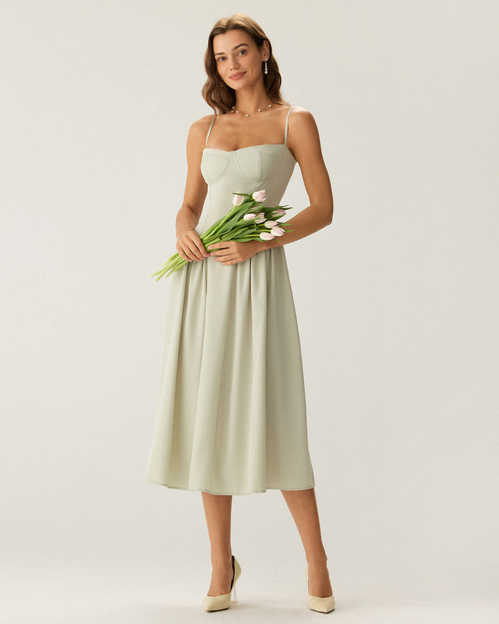 Siena Sundress Green Square Neck Pocket Slip Midi Dress - Celestia Couture