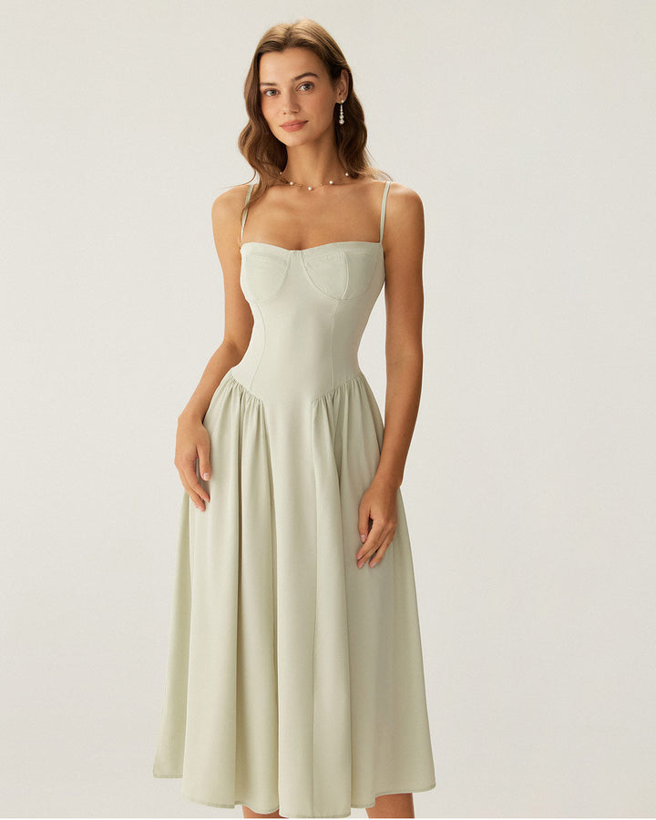 Siena Sundress Green Square Neck Pocket Slip Midi Dress - Celestia Couture