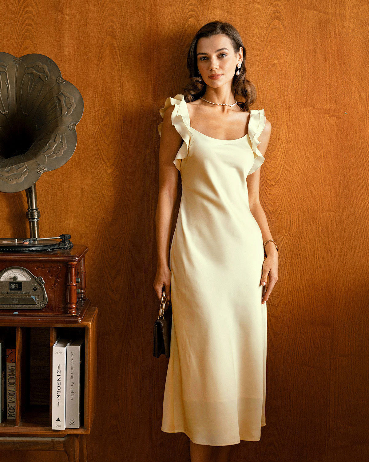 Square Neck Ruffle Satin Midi Dress