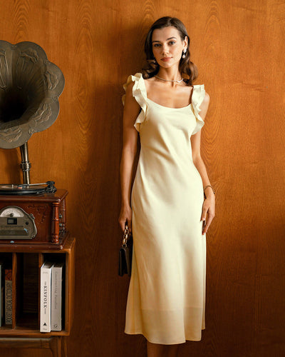 Square Neck Ruffle Satin Midi Dress