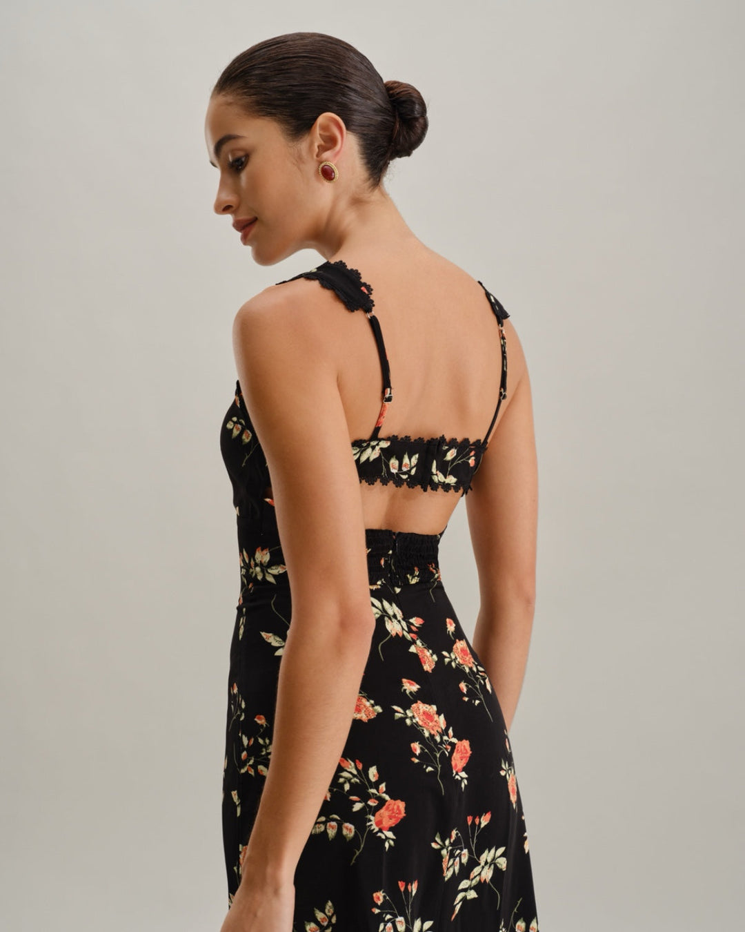 Black Floral Shirred Slip Maxi Dress - Celestia Couture