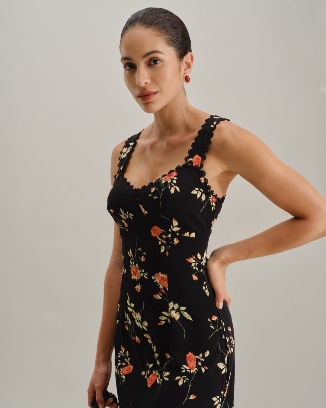 Black Floral Shirred Slip Maxi Dress - Celestia Couture