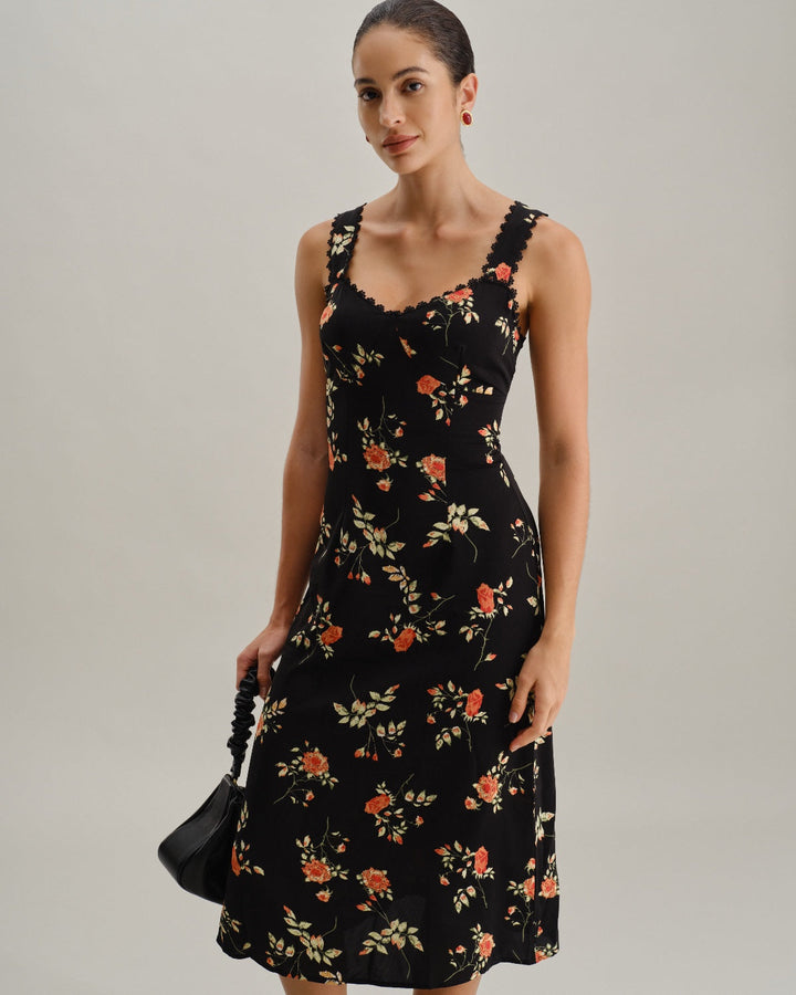 Black Floral Shirred Slip Maxi Dress - Celestia Couture