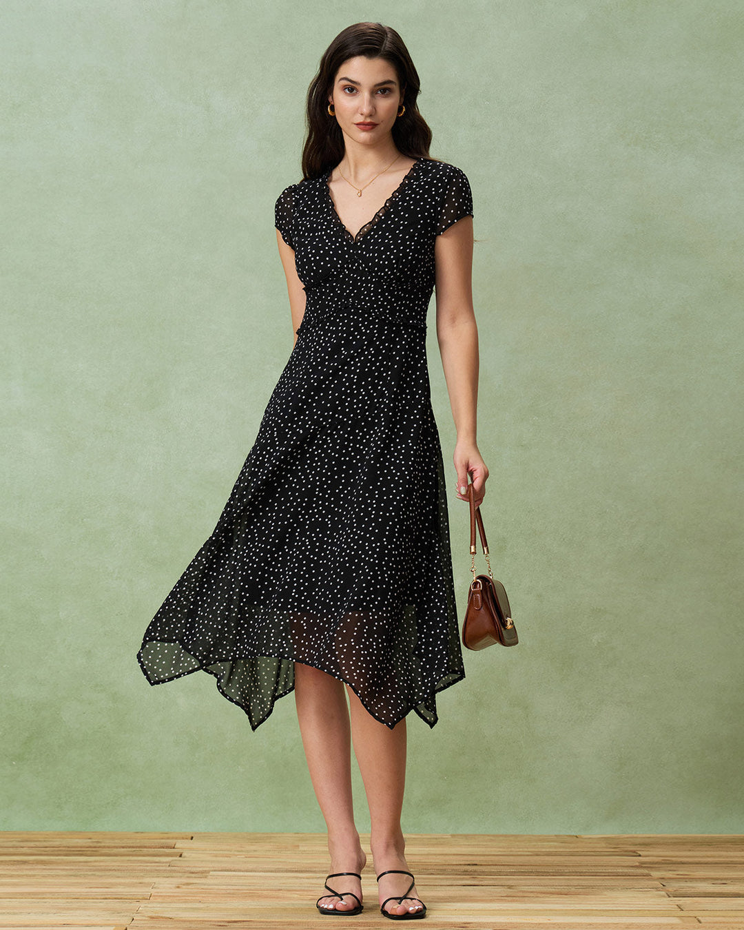 Black V Neck Polka Dot Midi Dress - Celestia Couture