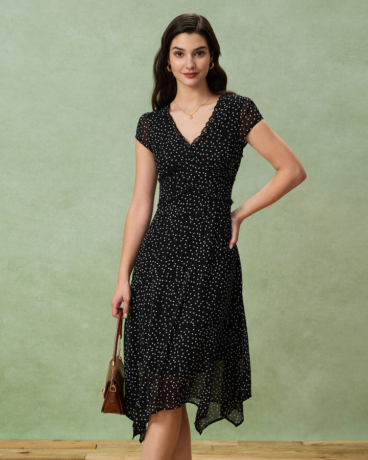 Black V Neck Polka Dot Midi Dress - Celestia Couture