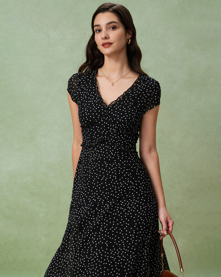 Black V Neck Polka Dot Midi Dress - Celestia Couture