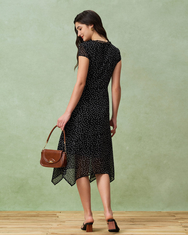 Black V Neck Polka Dot Midi Dress - Celestia Couture