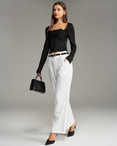 White Striped Straight Casual Pants