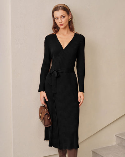 Black V Neck Wrap Knit Midi Dress