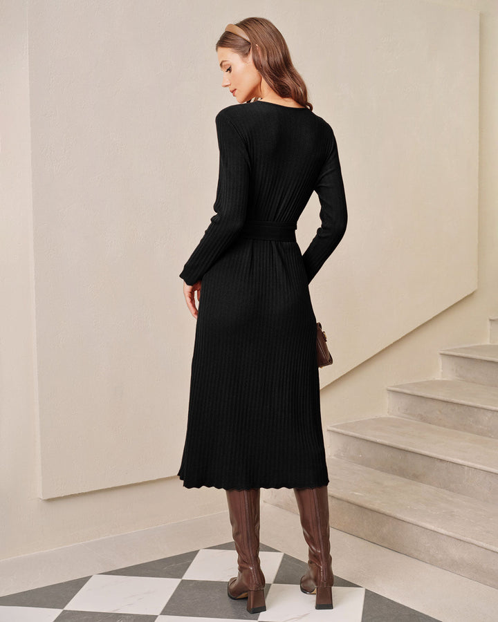 Black V Neck Wrap Knit Midi Dress - Celestia Couture