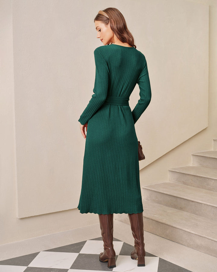 Green A-line Wrap Sweater Dress - Celestia Couture