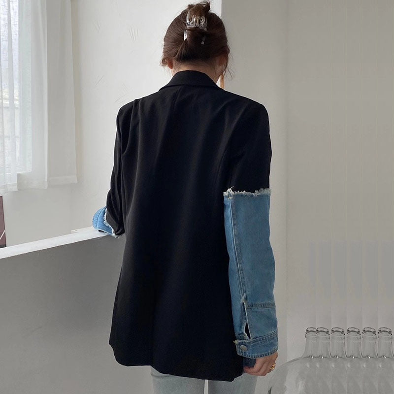 Jenna Asymmetric Denim Patchwork Blazer - Celestia Couture
