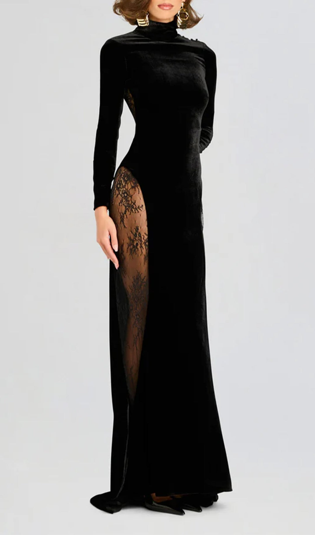 Semi-Sheer Lace Velvet Maxi Dress - Celestia Couture