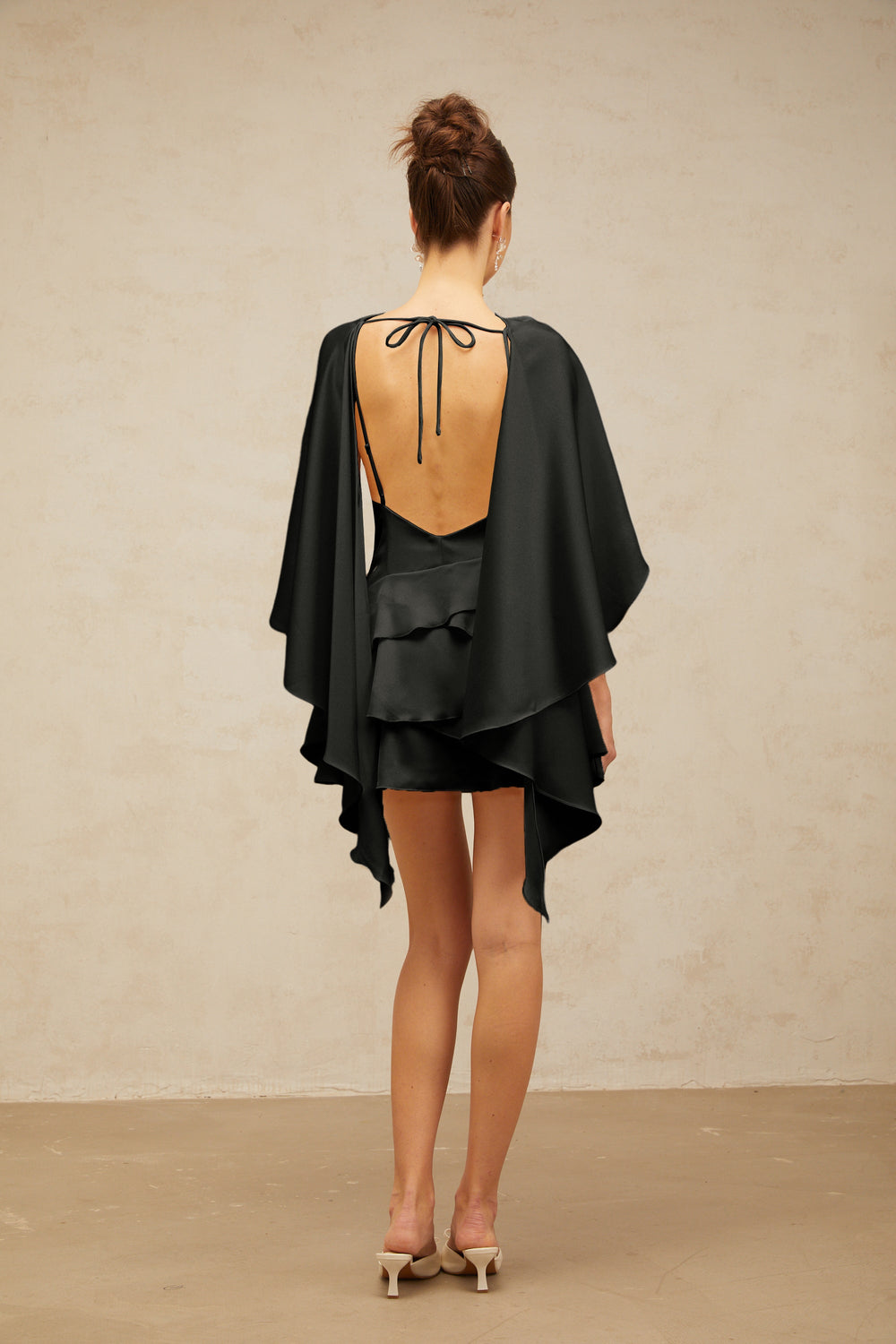 Lyna Black Satin Ruffled Mini Dress with Shawl Panel Detail - Celestia Couture