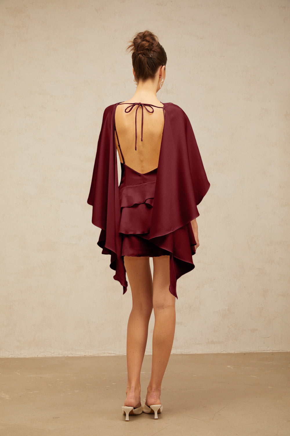 Lyna shawl-panel ruffled satin mini dress in Red - Celestia Couture
