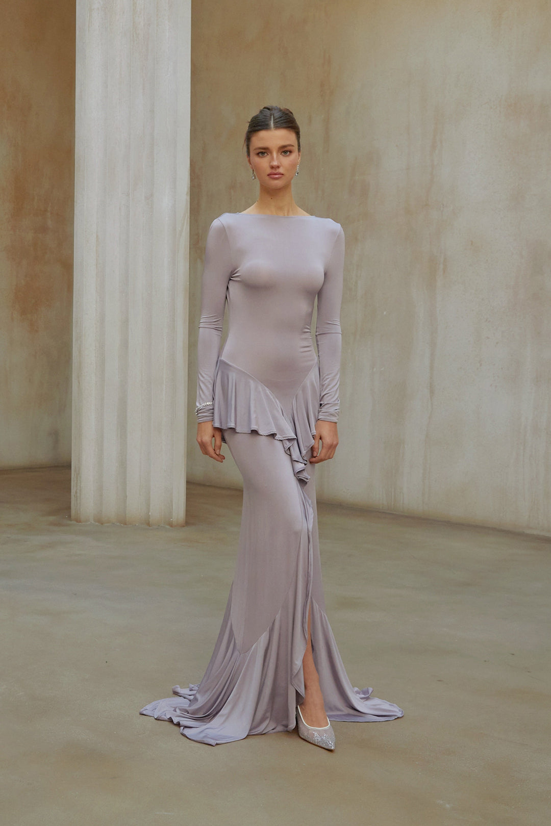 Xenia Purple Ruffle Detail Maxi Dress with Front Slit - Celestia Couture