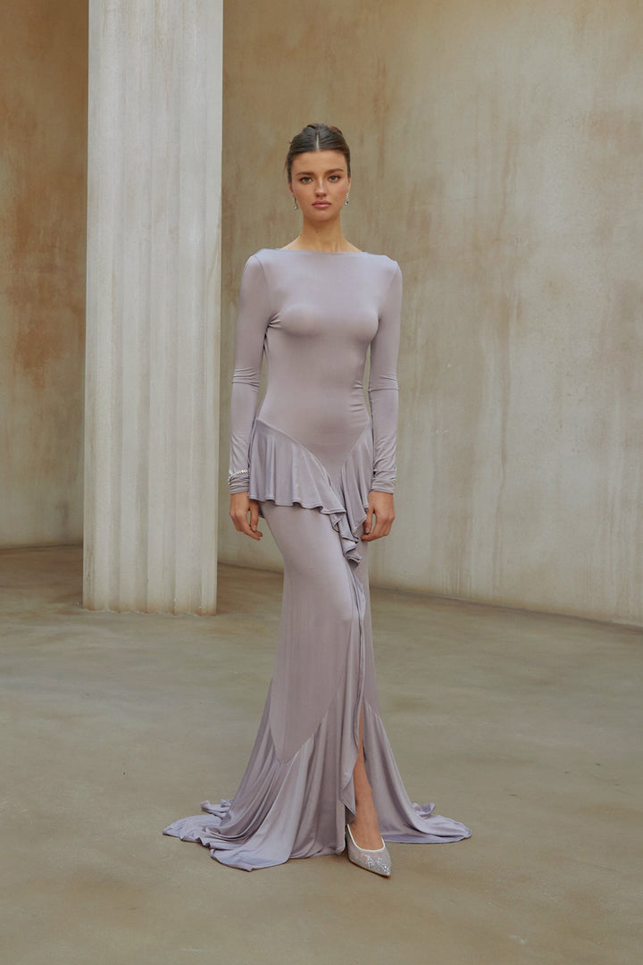 Xenia Purple Ruffle Detail Maxi Dress with Front Slit - Celestia Couture
