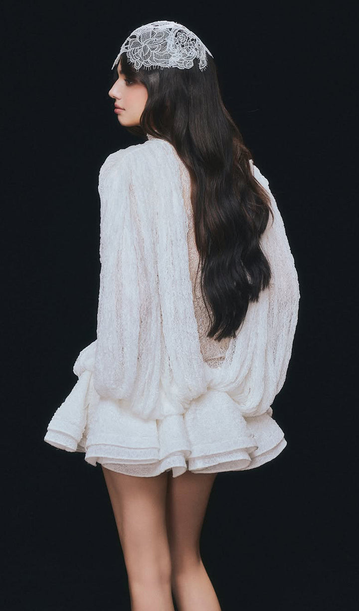 Lace Semi Sheer Ruffled Mini Dress - Celestia Couture