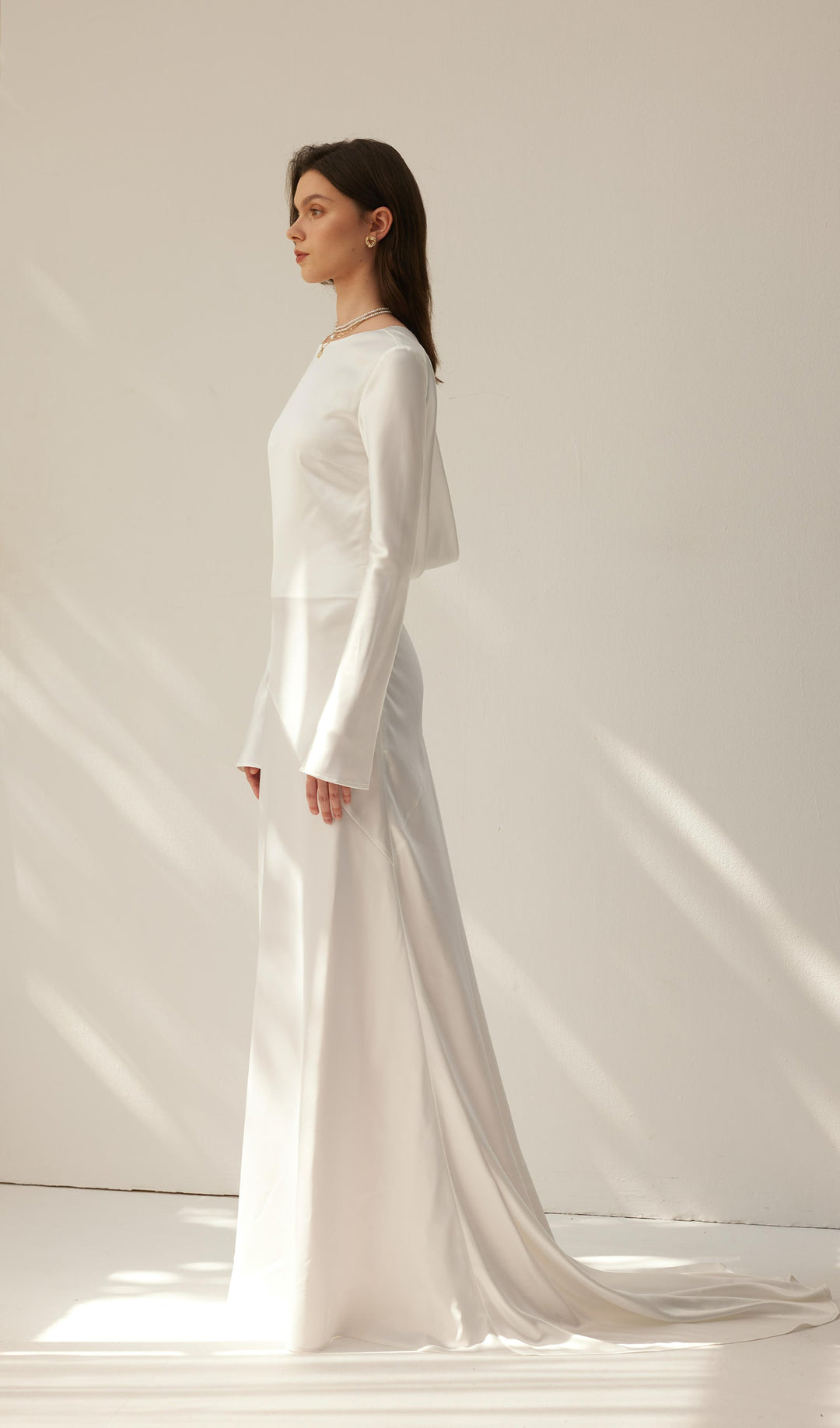 White Satin Long Sleeved Slim Evening Dress - Celestia Couture