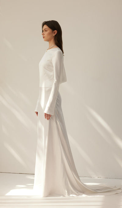 White Satin Long Sleeved Slim Evening Dress