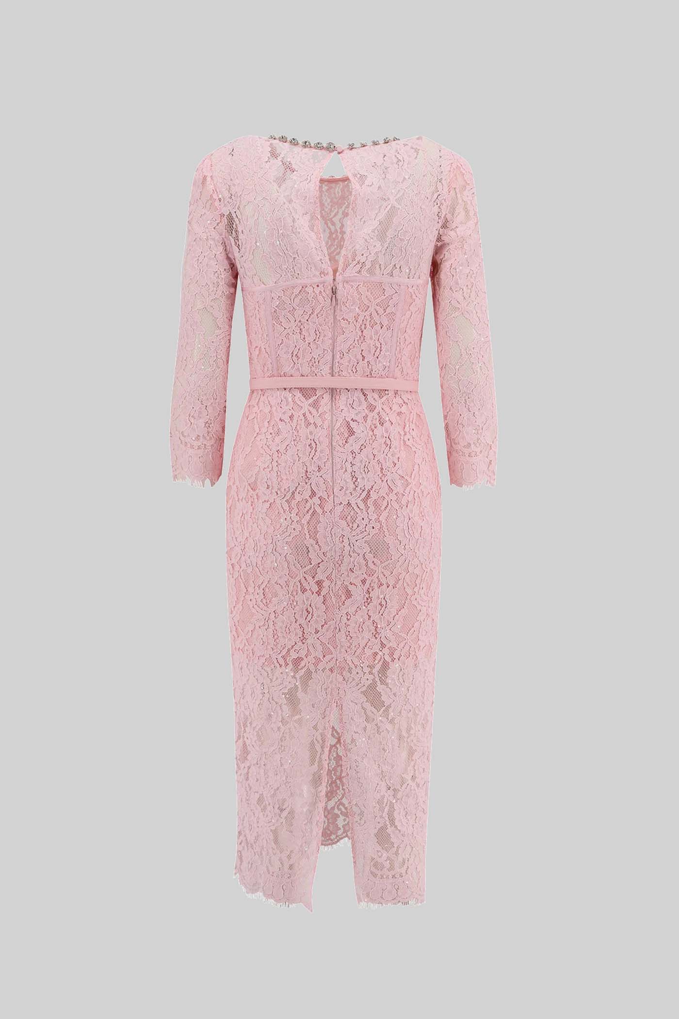 Elegant Long Sleeve Lace Dress With Matching Waist Belt - Pink