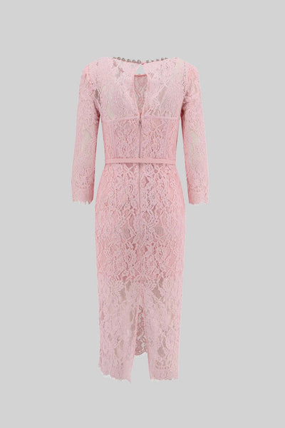Elegant Long Sleeve Lace Dress With Matching Waist Belt - Pink
