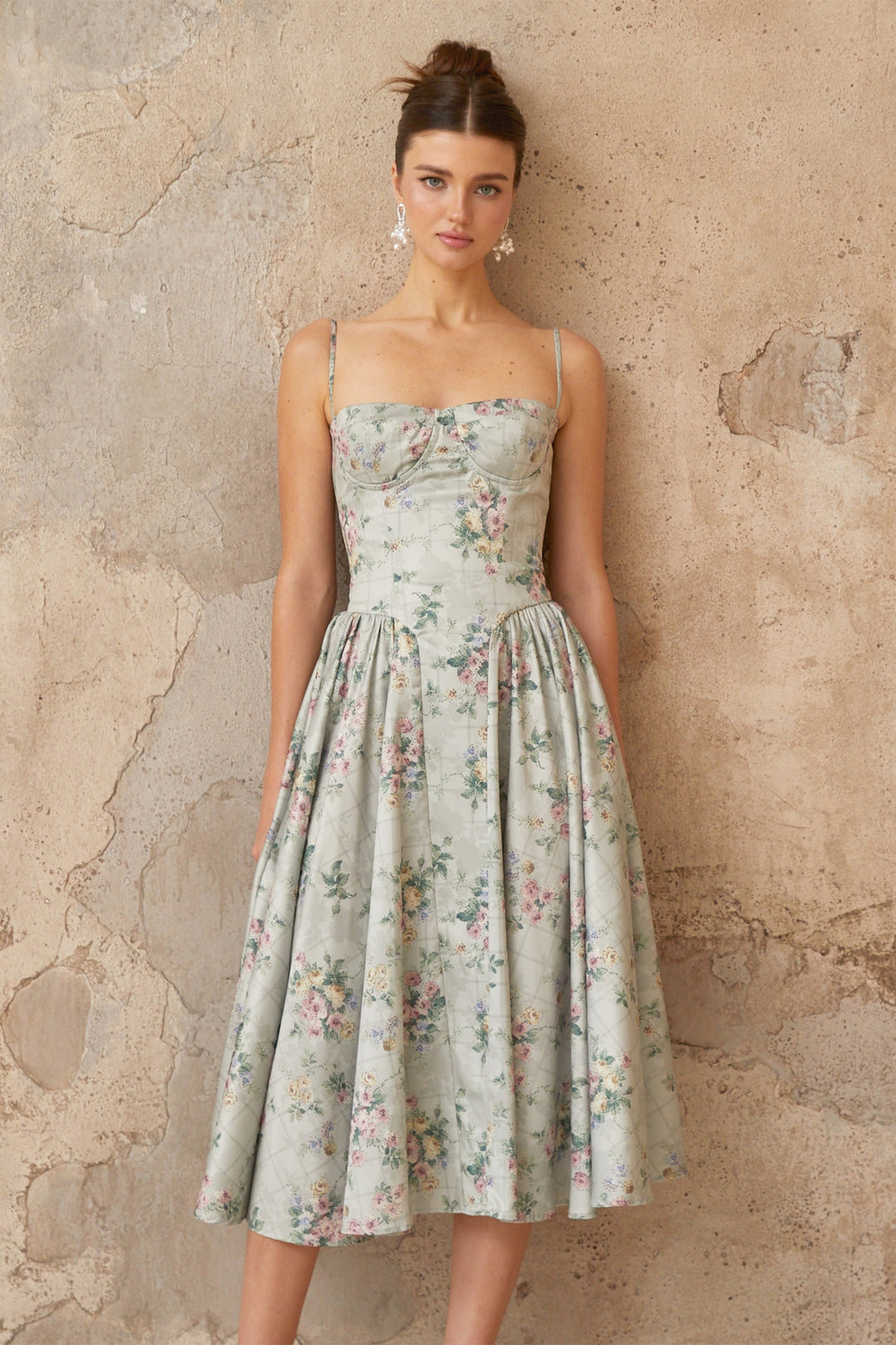 Prunelle sage-green floral-print shirred midi dress - Celestia Couture