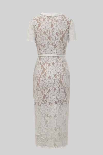 Elegant Short Sleeve Lace Dress With Matching Waist Belt - White