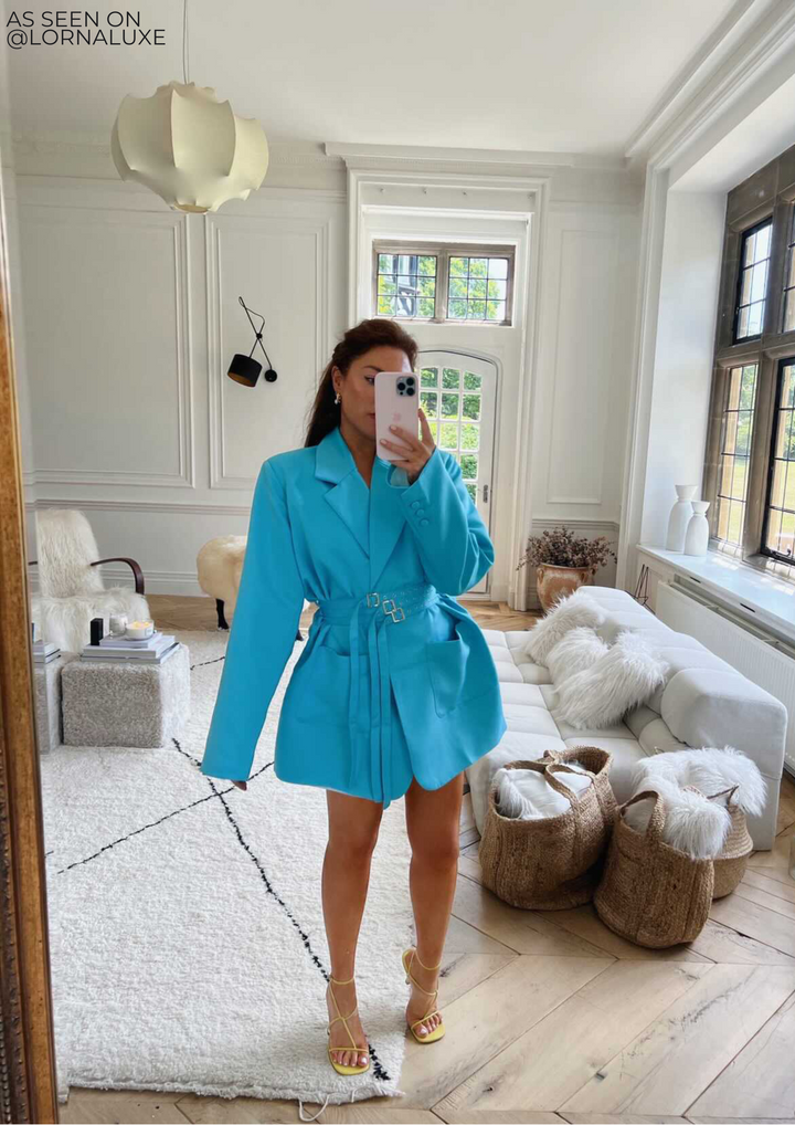 Julia Triple Belted Satin Blazer Dress - Blue - Celestia Couture