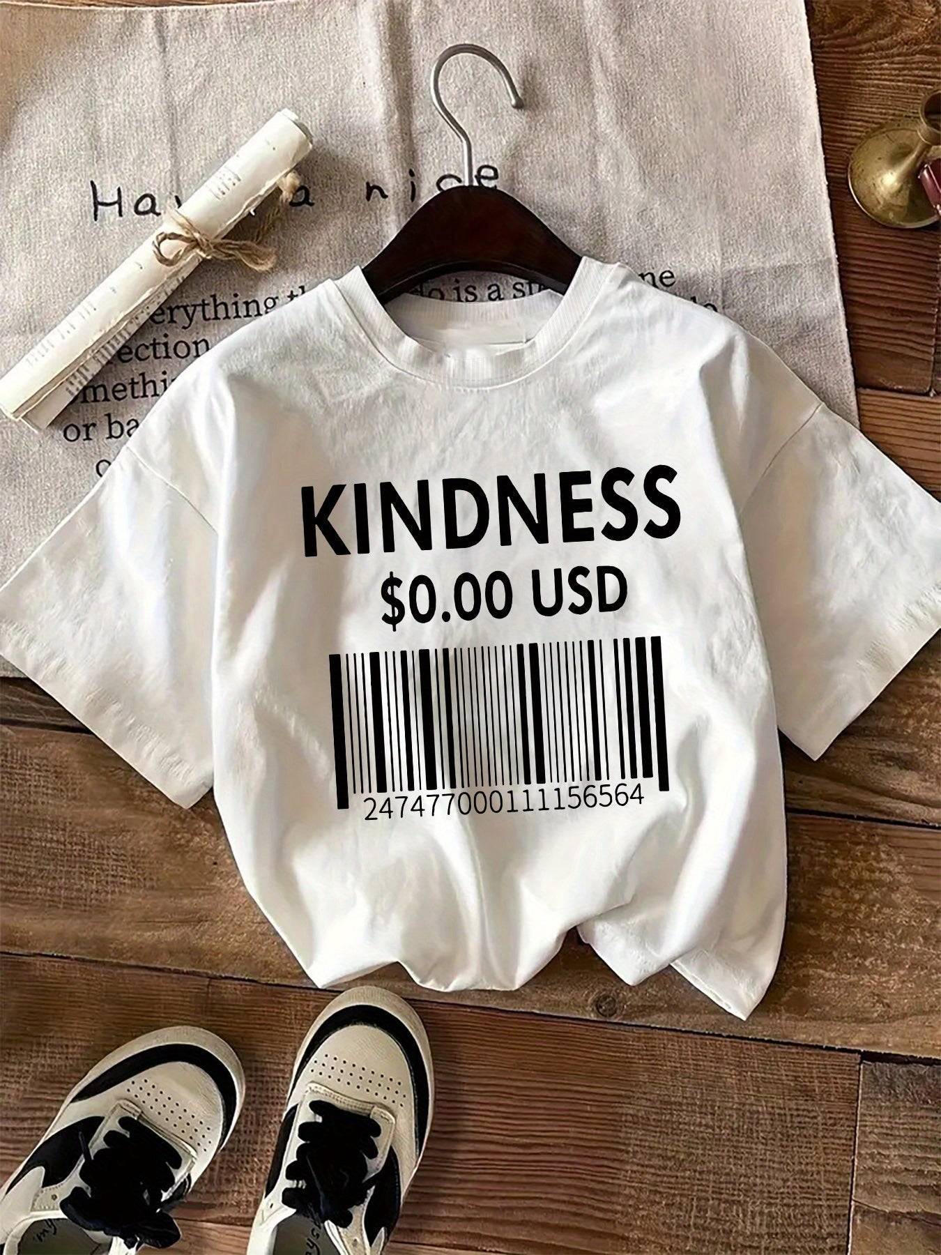 Women'S T-Shirt with "Kindness $0.00 USD" Graphic Print, Casual Crew Neck Short Sleeve Top, All-Season Knit Fabric Tee, 100%, Regular Length - 180gsm - Celestial Couture