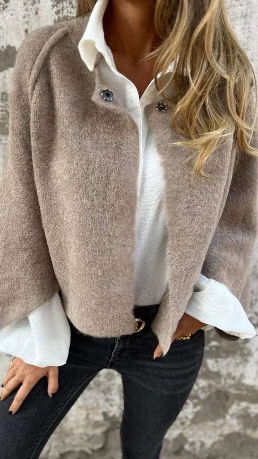 Amalia- Wool cardigan with round neck and long sleeves - Celestia Couture