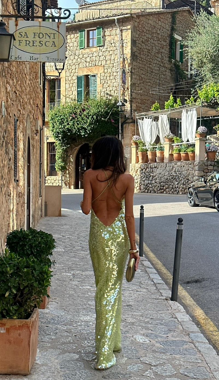 Ayla -  Square Collar Sequin Backless Party Dress