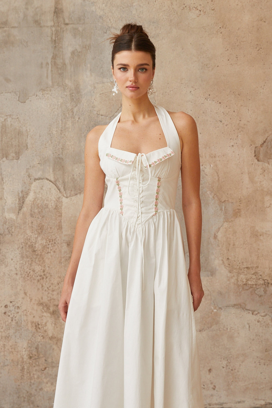 Dulcie white lace-up-detail shirred midi dress - Celestia Couture