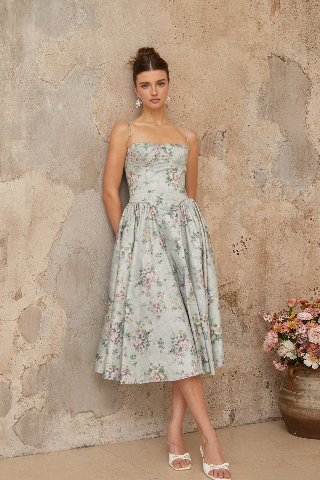 Prunelle sage-green floral-print shirred midi dress - Celestia Couture