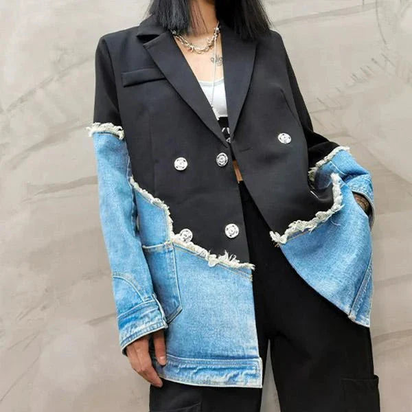 Jenna Asymmetric Denim Patchwork Blazer - Celestia Couture