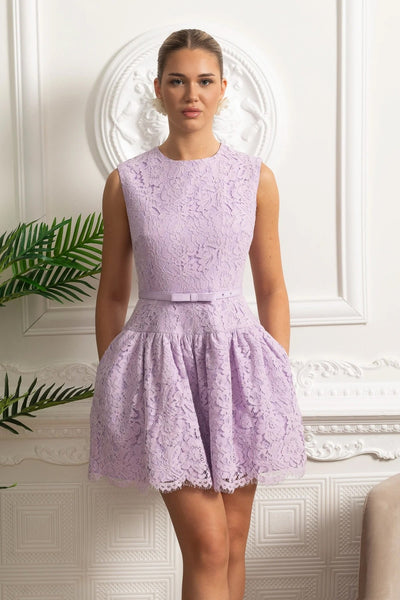 Sleeveless Lace Mini Dress with Belted Waist and Scalloped Hem - Purple
