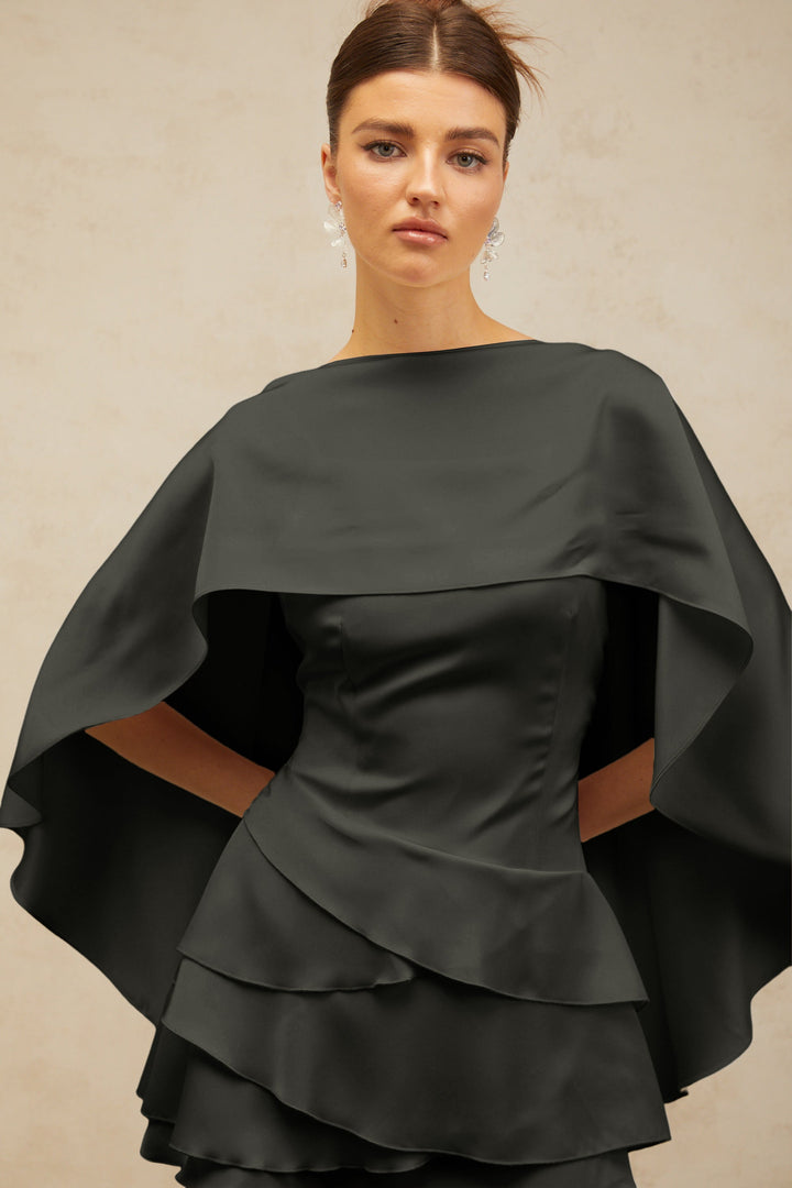 Lyna Black Satin Ruffled Mini Dress with Shawl Panel Detail - Celestia Couture